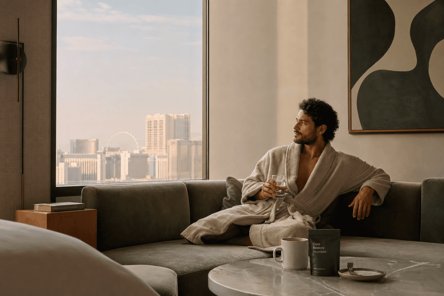 A calm hotel room recovery scene